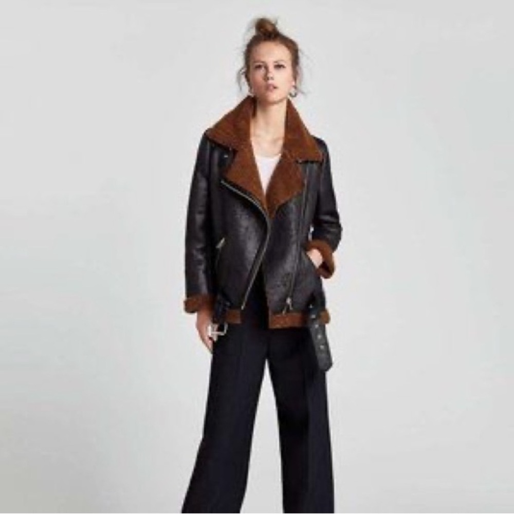 Gianni Bini Girls Black Aviator Shearling Jacket Asymmetrical Zipper size Large